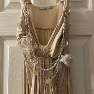 Papaya Tan Blouse with Pearl & Bead Necklaces